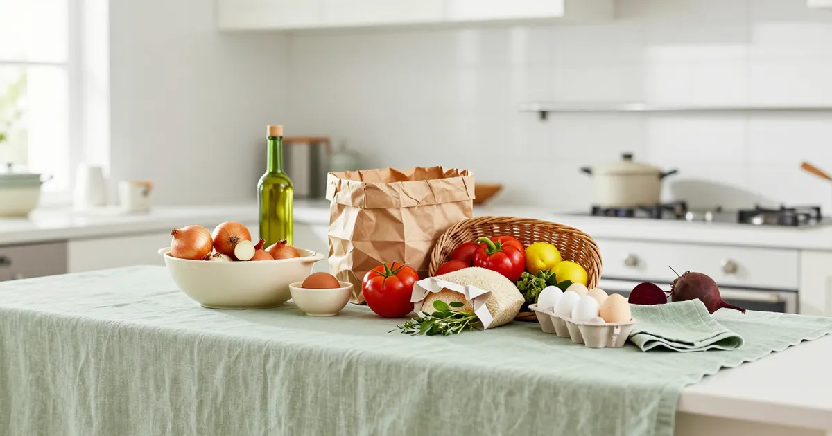 AI-generated photograph: one shopping list for the week, sorted by aisle