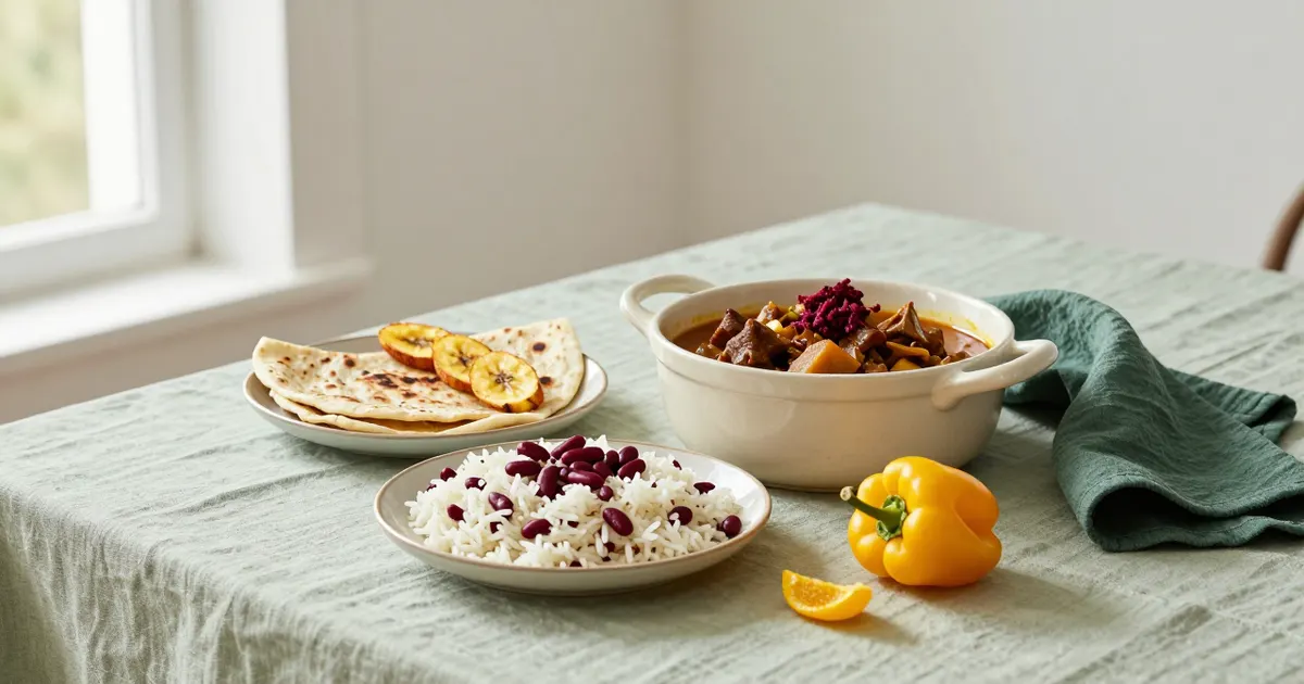 AI-generated photograph: caribbean dishes on a table