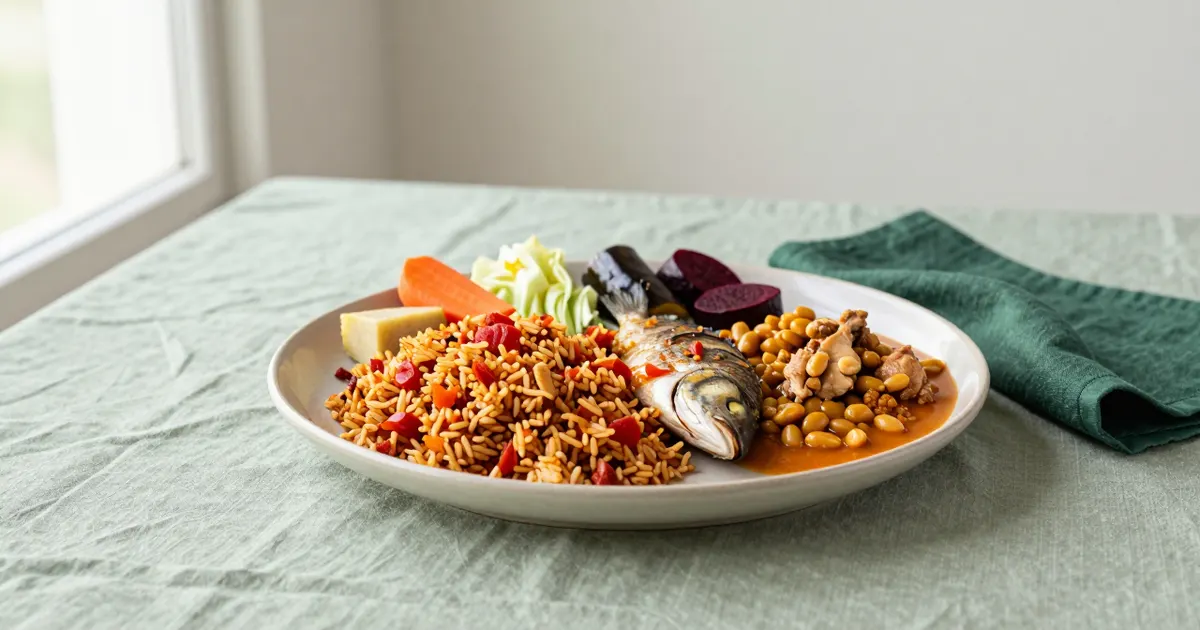 AI-generated photograph: west african dishes on a table