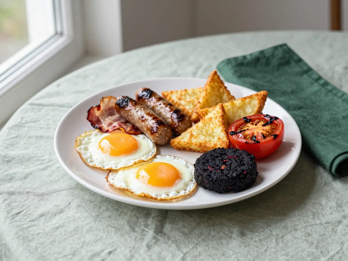 AI-generated photograph: an Ulster fry with soda farls and potato farls