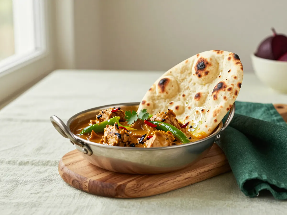 AI-generated photograph: a steel balti bowl with naan on a Birmingham table