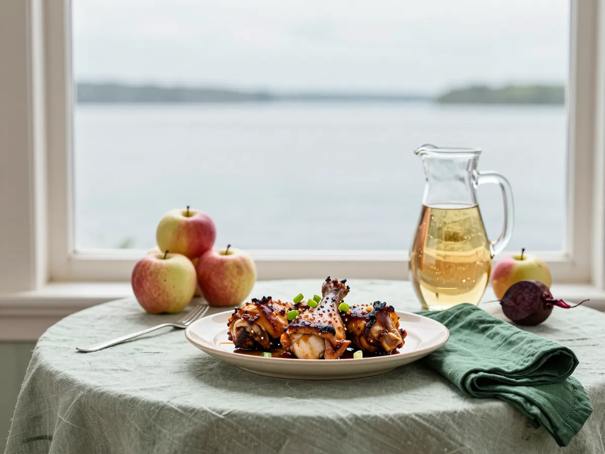 AI-generated photograph: jerk chicken and cider apples on a Bristol harbour table