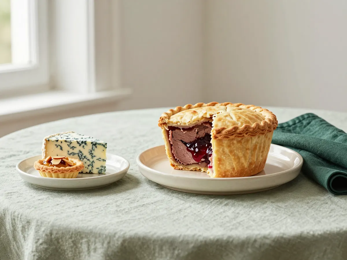 AI-generated photograph: a table with a pork pie, a wheel of blue cheese and a Bakewell pudding