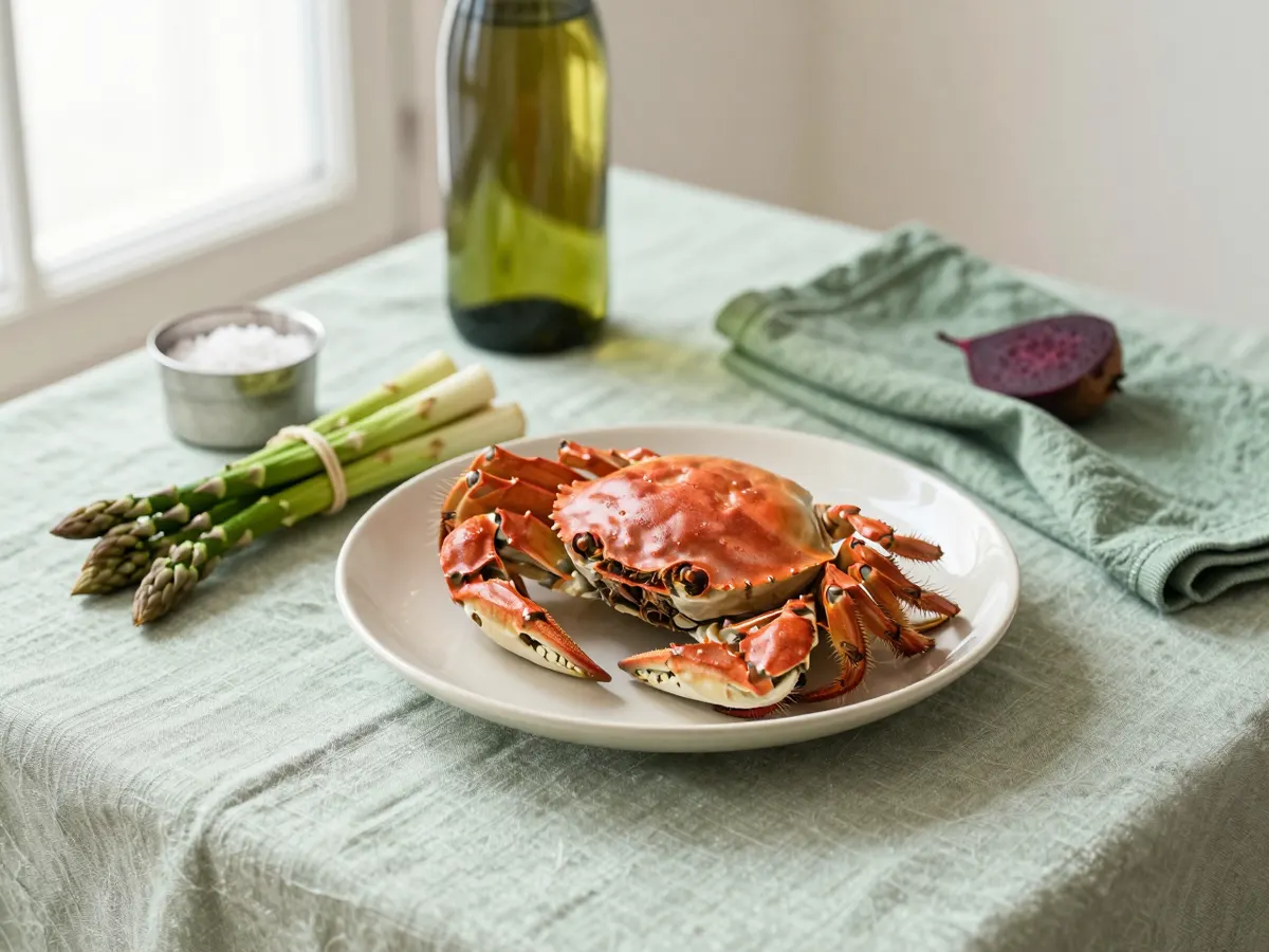 AI-generated photograph: a Norfolk coast table with crab, celery and asparagus