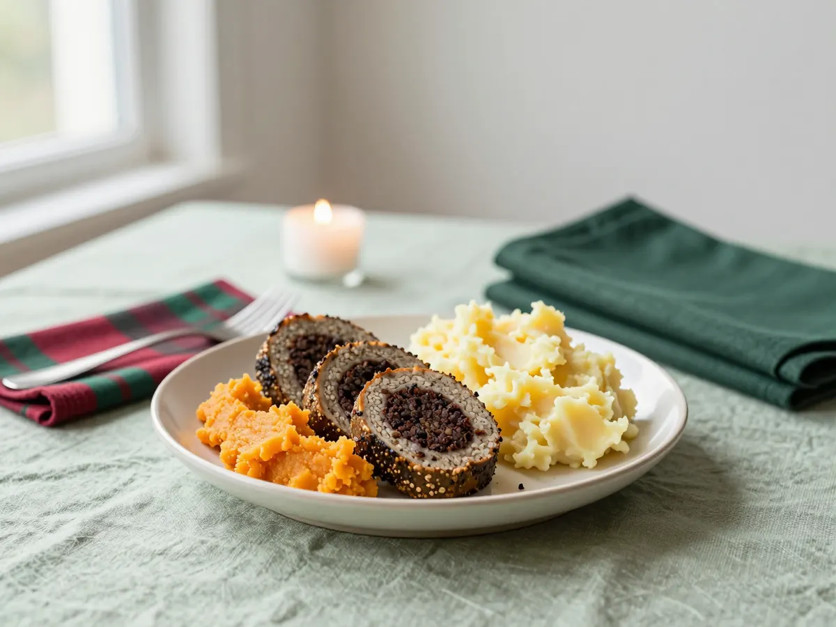 AI-generated photograph: a Burns supper table with haggis, neeps and tatties