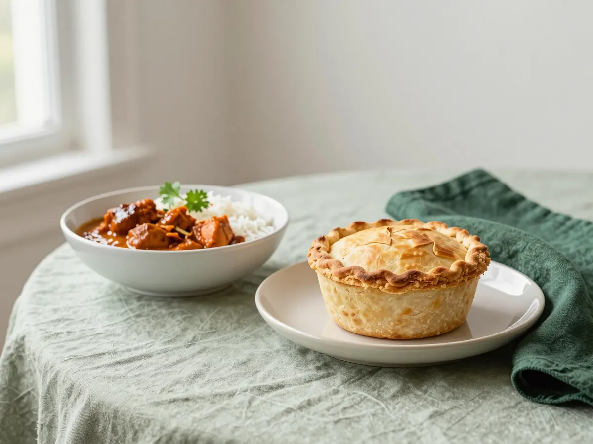 AI-generated photograph: a Scotch pie beside a bowl of curry and rice
