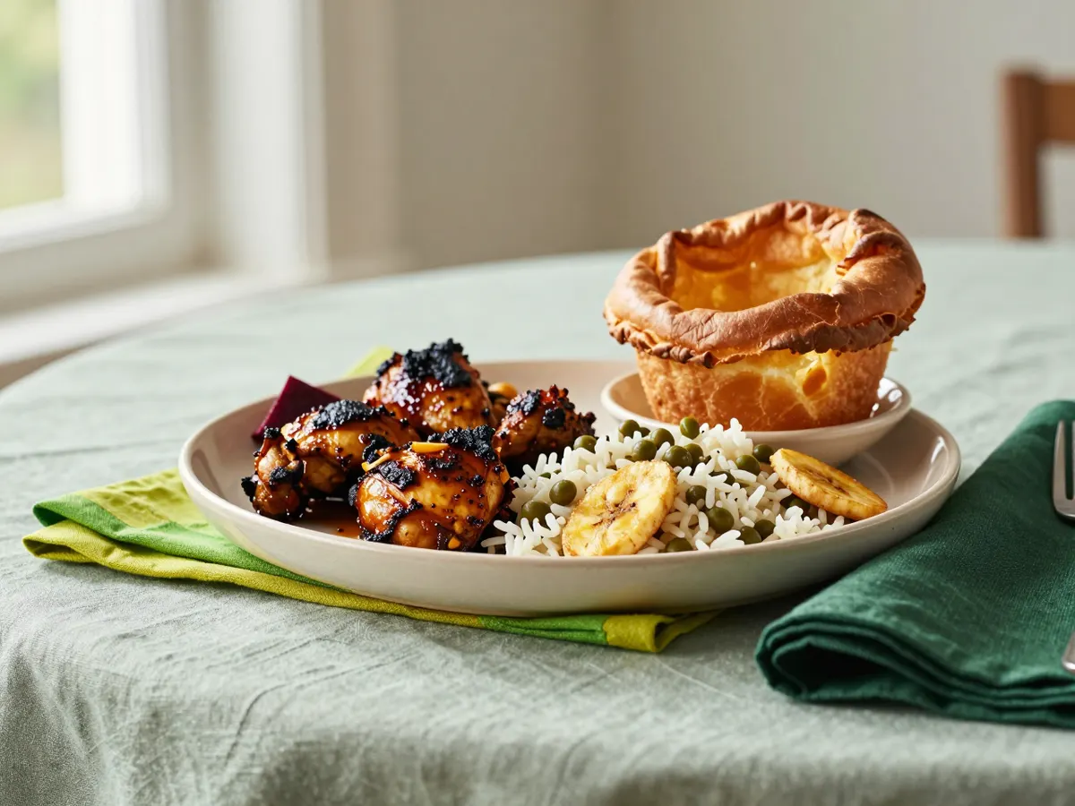 AI-generated photograph: a Leeds carnival plate of jerk chicken beside a Yorkshire pudding