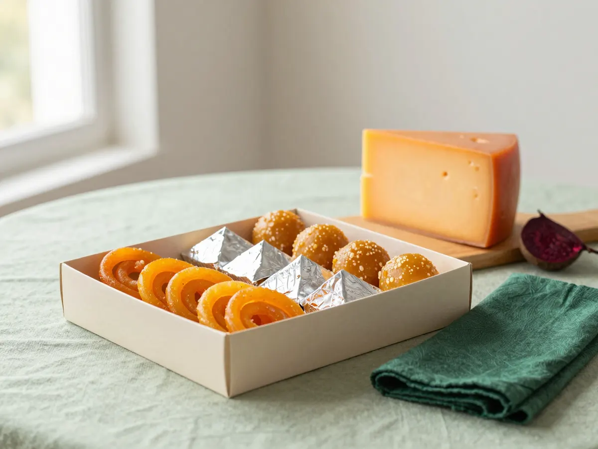 AI-generated photograph: a box of Indian sweets beside a wedge of Red Leicester