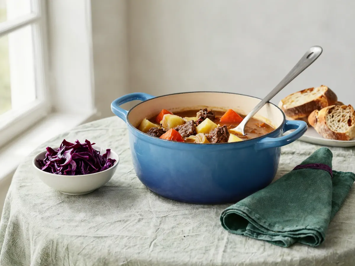 AI-generated photograph: a pot of Scouse with red cabbage on the side