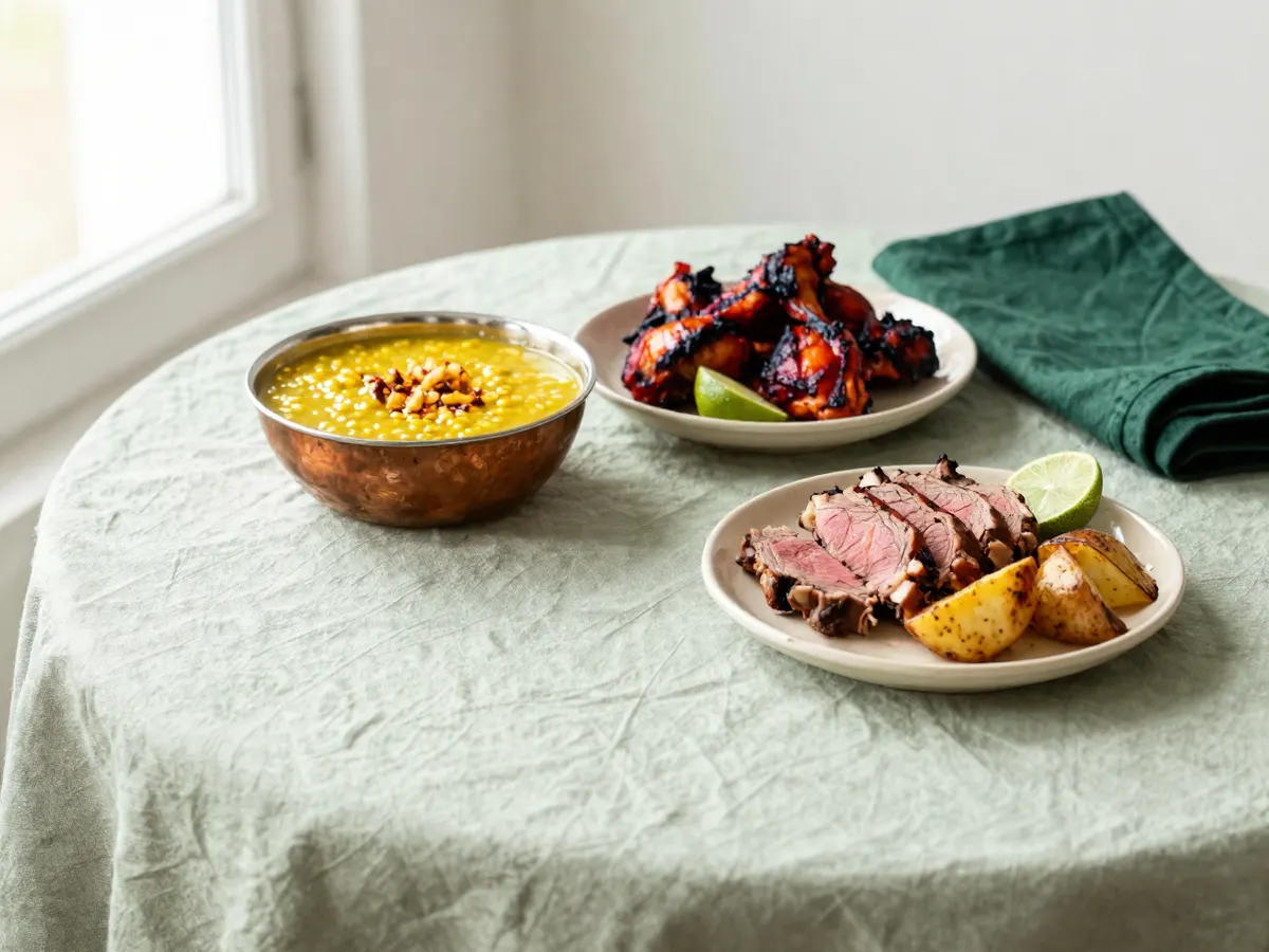 AI-generated photograph: a London table with a Bangladeshi dal, jerk chicken and a roast