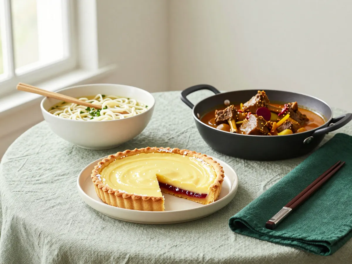 AI-generated photograph: a Manchester tart beside a karahi and a bowl of noodles
