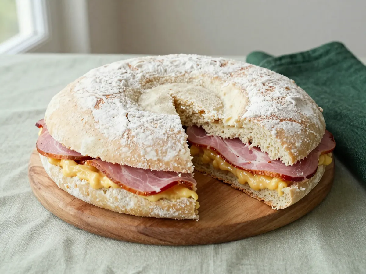AI-generated photograph: a stottie cake filled with ham and pease pudding beside kippers