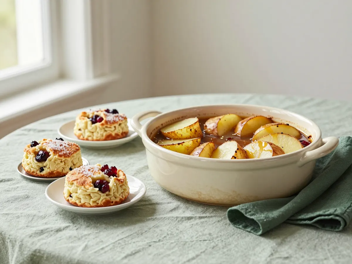 AI-generated photograph: a Lancashire hotpot with a crisp potato top and Eccles cakes