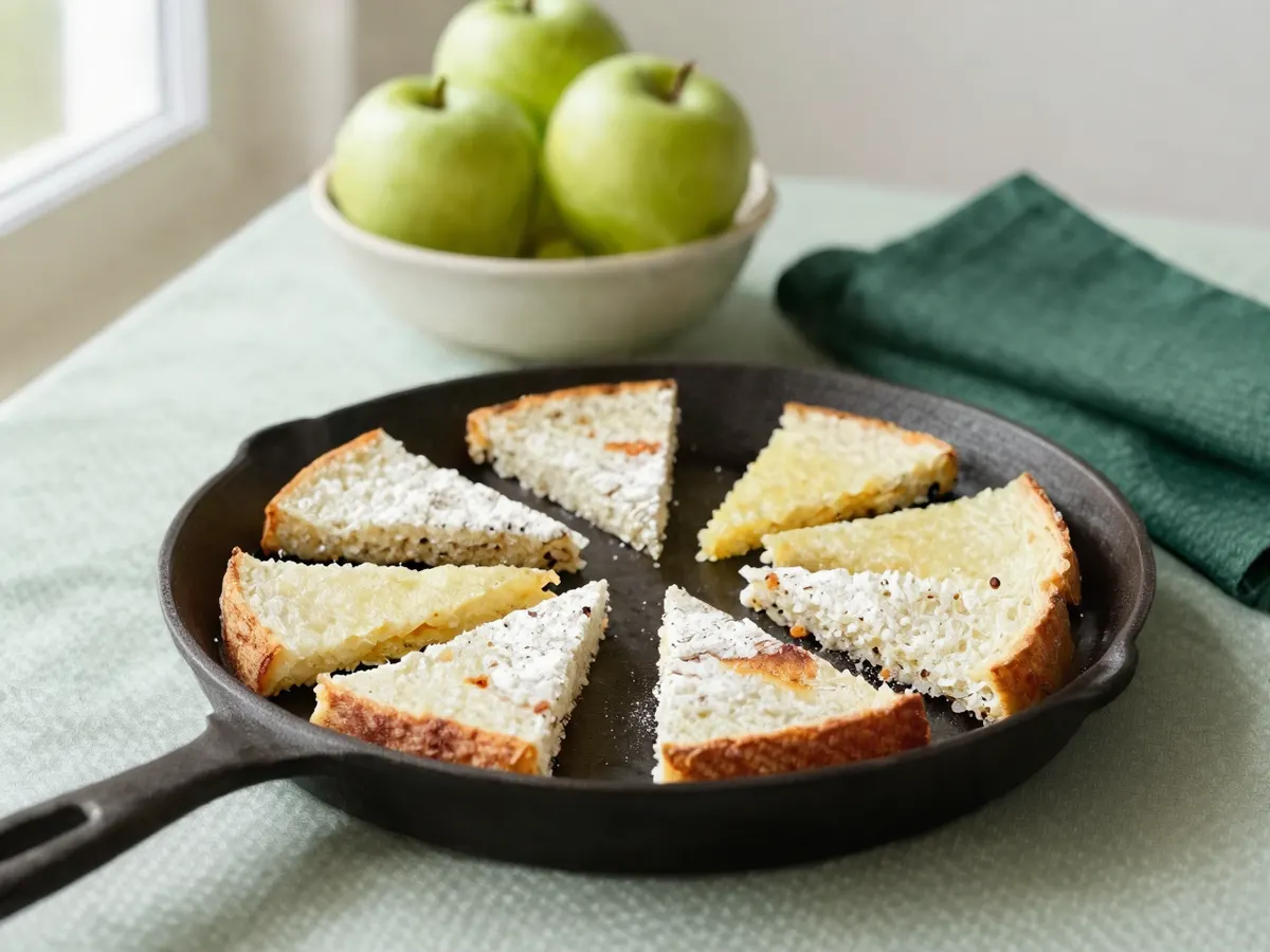 AI-generated photograph: a griddle with soda farls and potato farls beside a bowl of Bramley apples