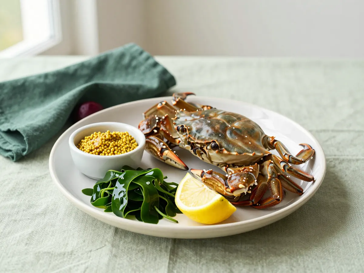 AI-generated photograph: a dressed Cromer crab with mustard and samphire
