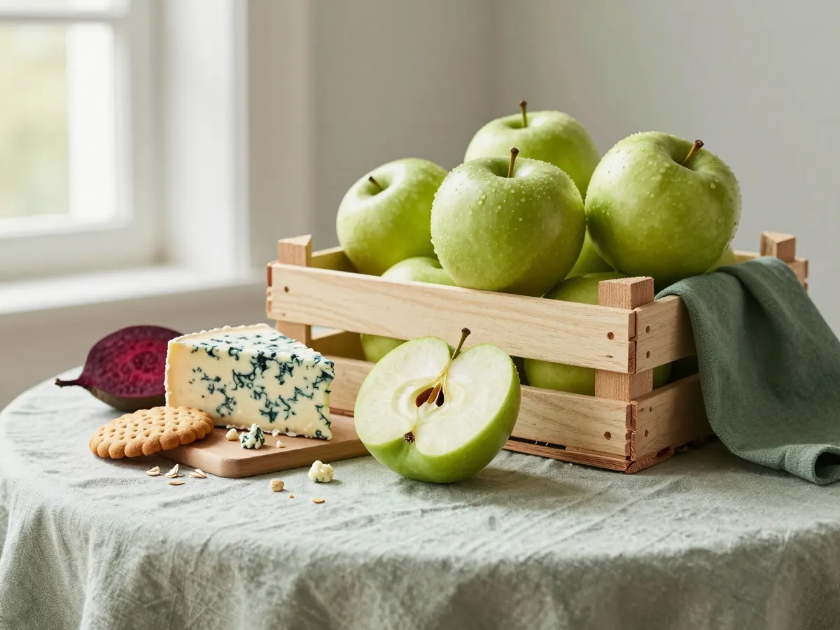 AI-generated photograph: Bramley apples and a wedge of blue cheese on a Nottingham table