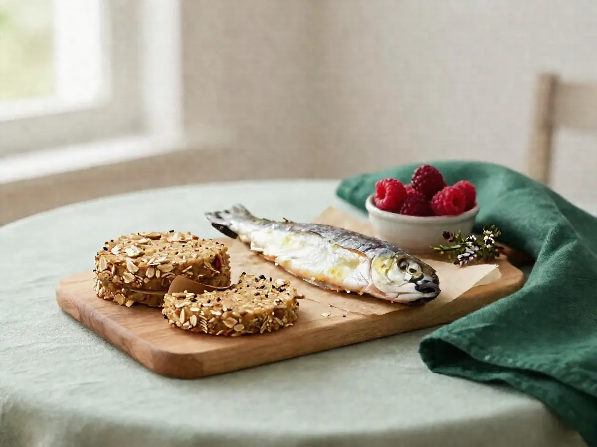 AI-generated photograph: a Scottish table with oatcakes, smoked fish and raspberries