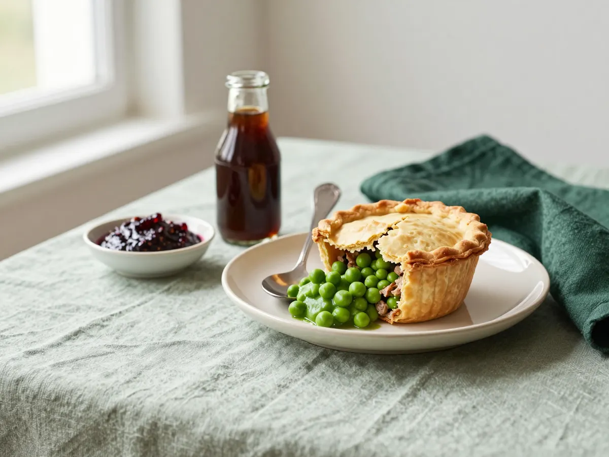 AI-generated photograph: a pie with mushy peas and a bottle of brown relish