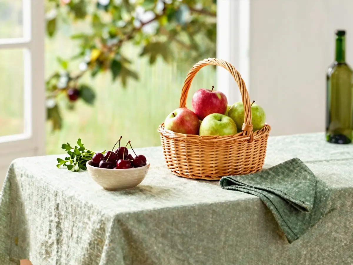 AI-generated photograph: a Kent orchard table with apples, cherries and watercress