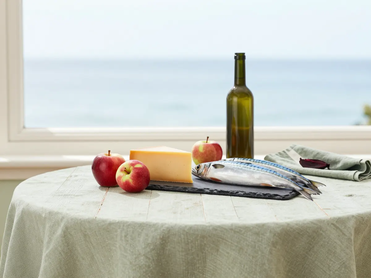AI-generated photograph: a harbour table with Cheddar, cider apples and fresh mackerel