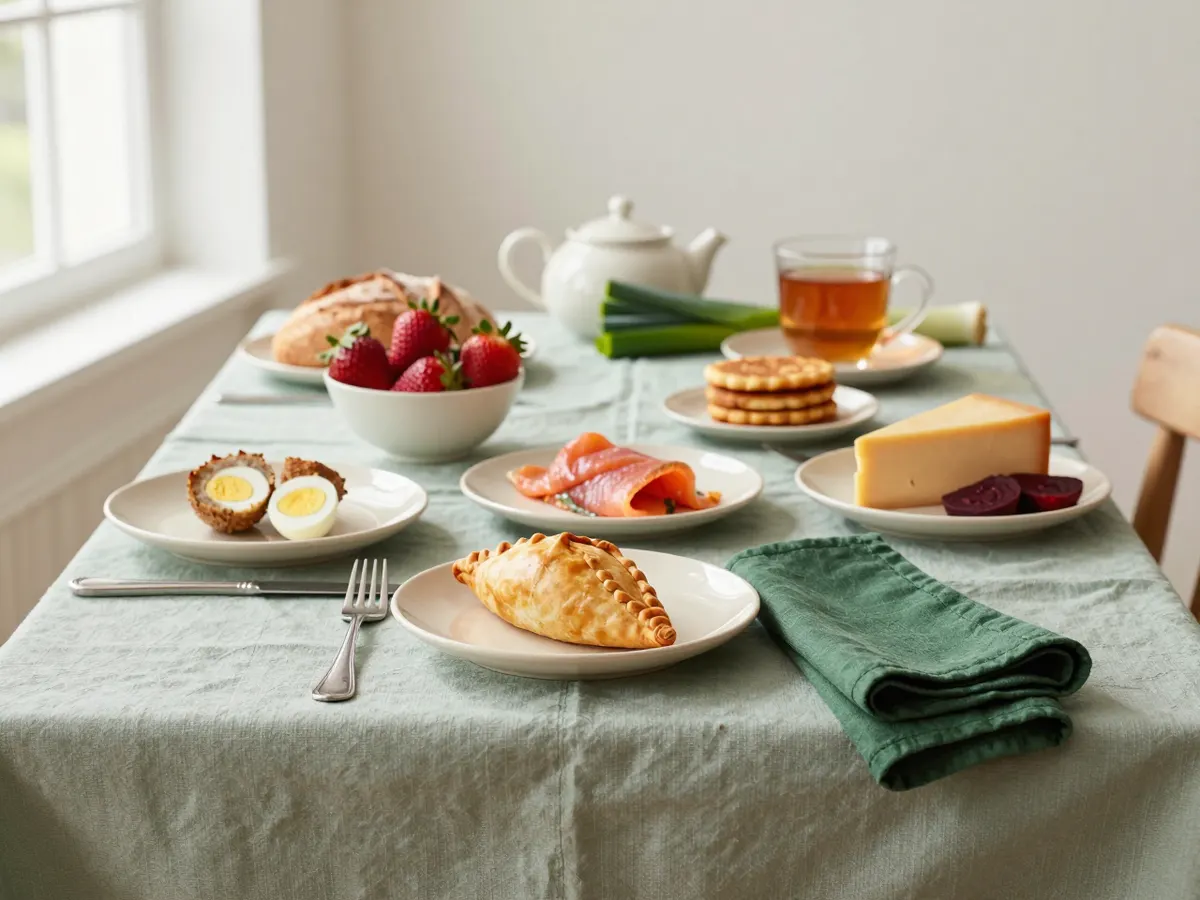 AI-generated photograph: a long table of foods from across the UK, from a pasty and Welsh cakes to smoked salmon and strawberries