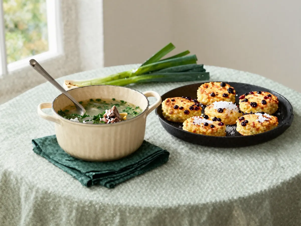 AI-generated photograph: a Welsh kitchen table with leeks, a stew pot and Welsh cakes on a griddle
