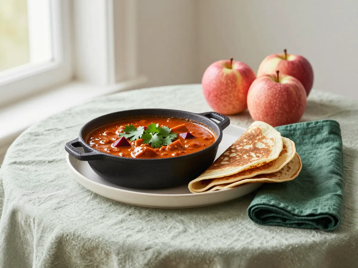 AI-generated photograph: a balti bowl beside Staffordshire oatcakes and Herefordshire apples