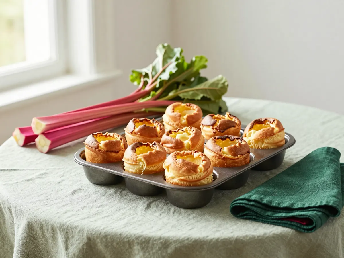 AI-generated photograph: Yorkshire puddings risen in a tin beside pink forced rhubarb