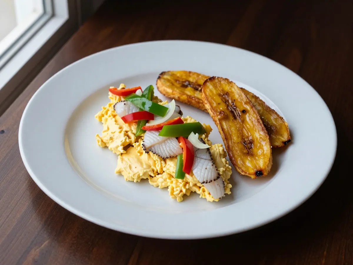 AI-generated photograph: Ackee and saltfish on a matte white plate, pale gold ackee and flaked cod with red pepper and spring onion, beside caramelised plantain and a sprig of thyme