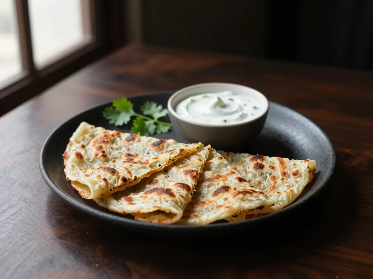 AI-generated photograph: A golden, crisp stuffed paratha cut into quarters and fanned on a matte charcoal plate, a small bowl of white coconut yoghurt and a few coriander leaves beside it