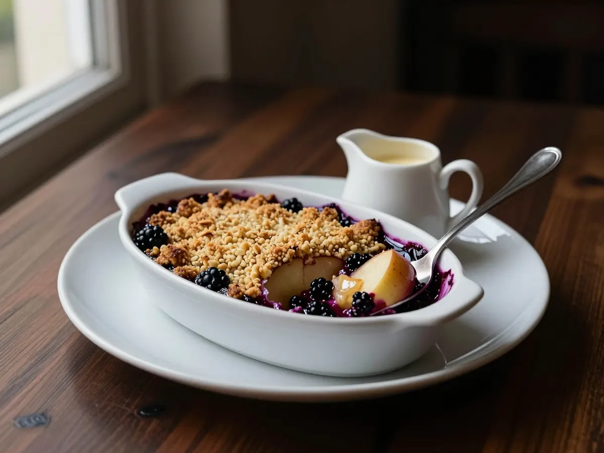AI-generated photograph: A generous spoonful of apple and blackberry crumble in a shallow white bowl, a craggy golden oat topping, deep purple fruit juices and a pool of pale yellow custard