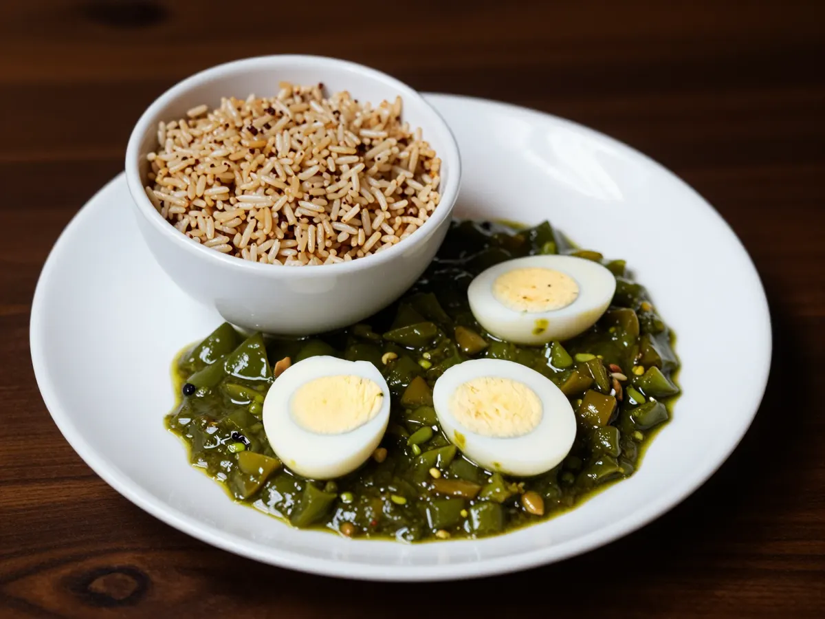 AI-generated photograph: Green ayamase stew in a shallow black bowl with halved boiled eggs on top, beside a small matte plate of brown ofada rice