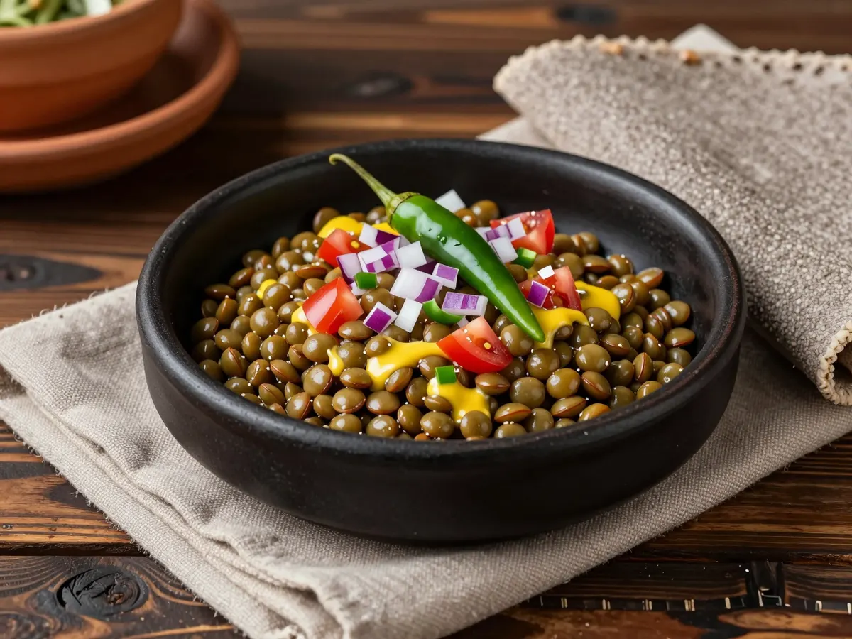 AI-generated photograph: A neat dome of dark green lentils glossy with lemon dressing in a small round black clay bowl, flecked with finely diced red onion, green chilli and parsley, seen from directly above, a folded quarter of grey injera beside the bowl