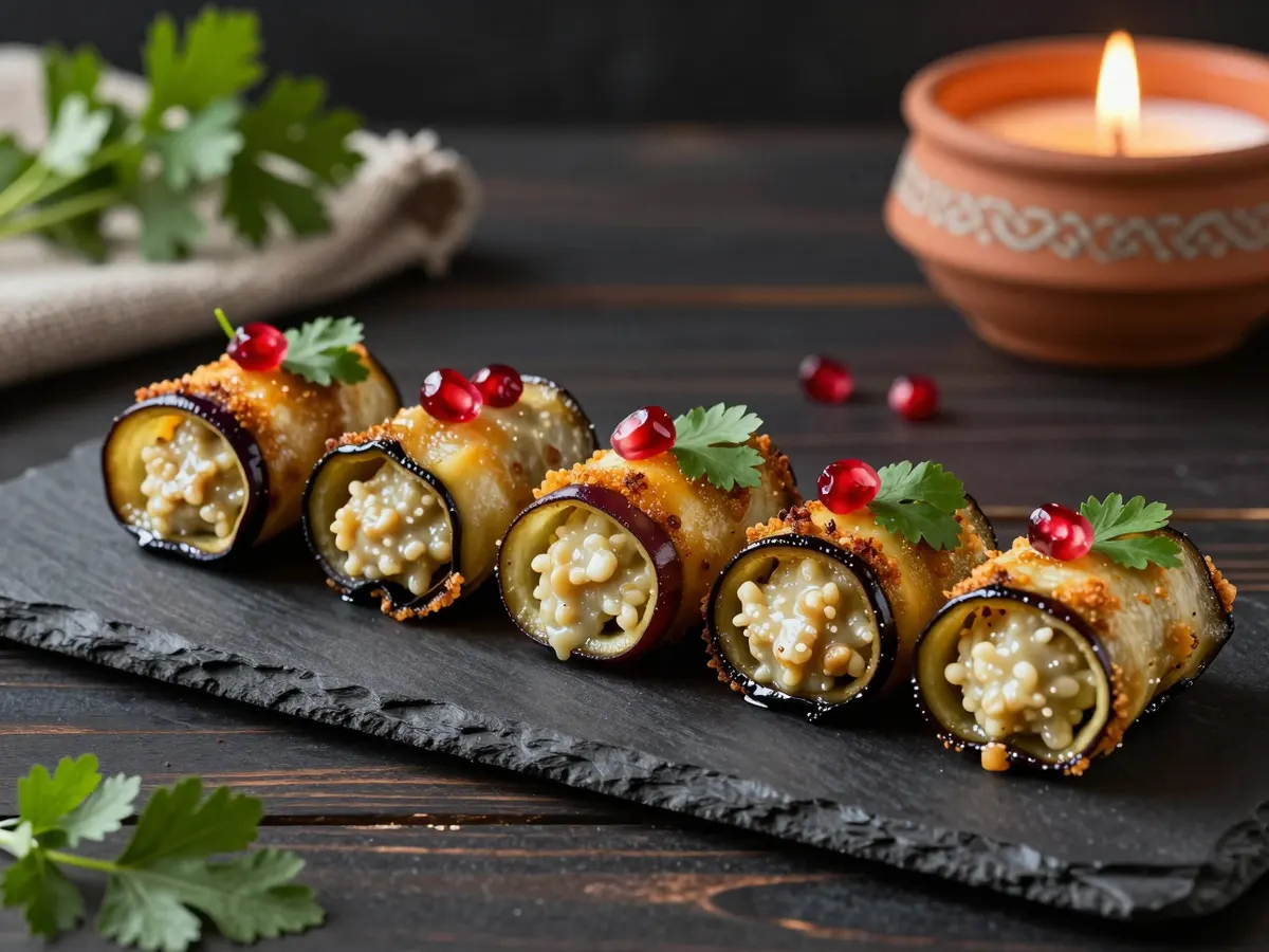 AI-generated photograph: Four neat rolls of golden roasted aubergine filled with pale walnut paste standing in a line on a long narrow slate, ruby pomegranate seeds and small coriander leaves scattered over, seen from a low side angle