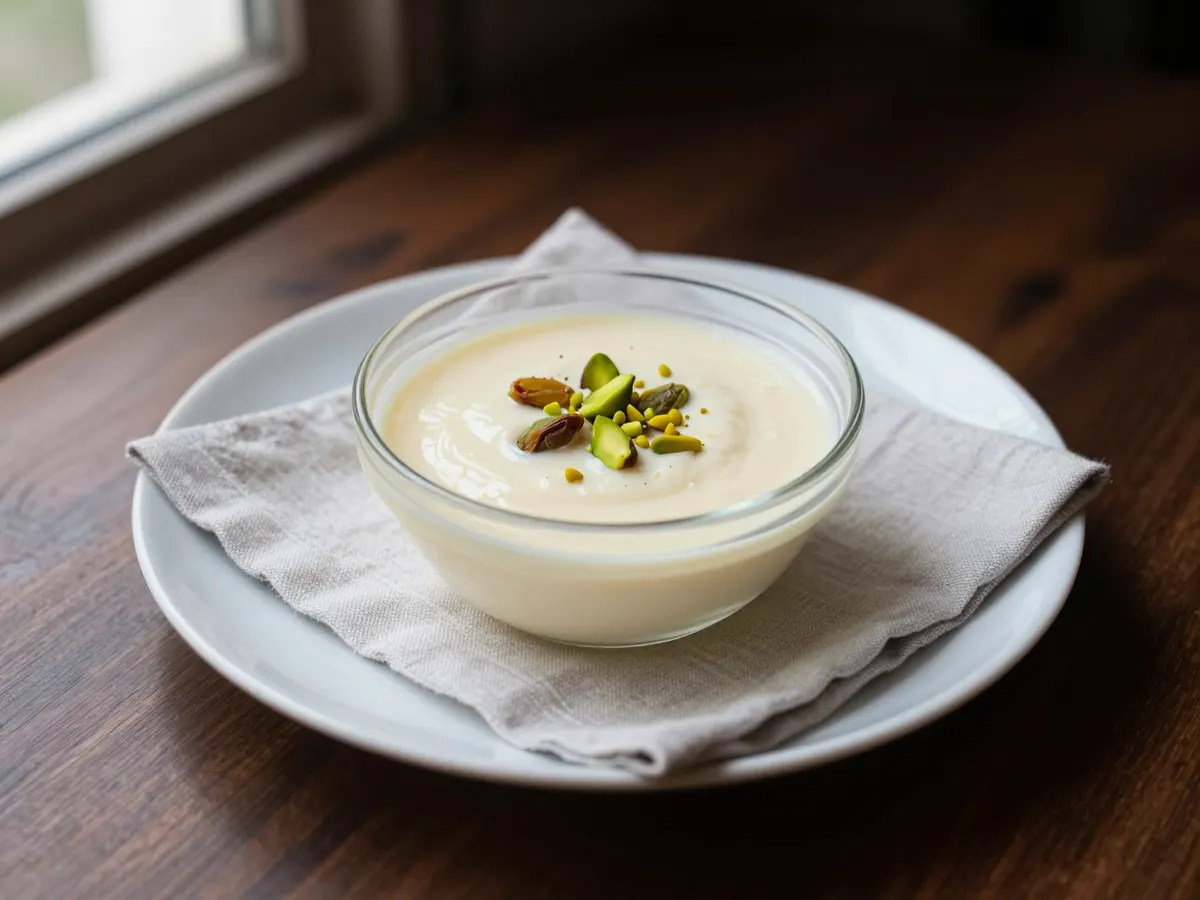 AI-generated photograph: Rice payesh in a small cut glass bowl, creamy ivory pudding with a few raisins and bright green chopped pistachios on top, on a pale linen napkin