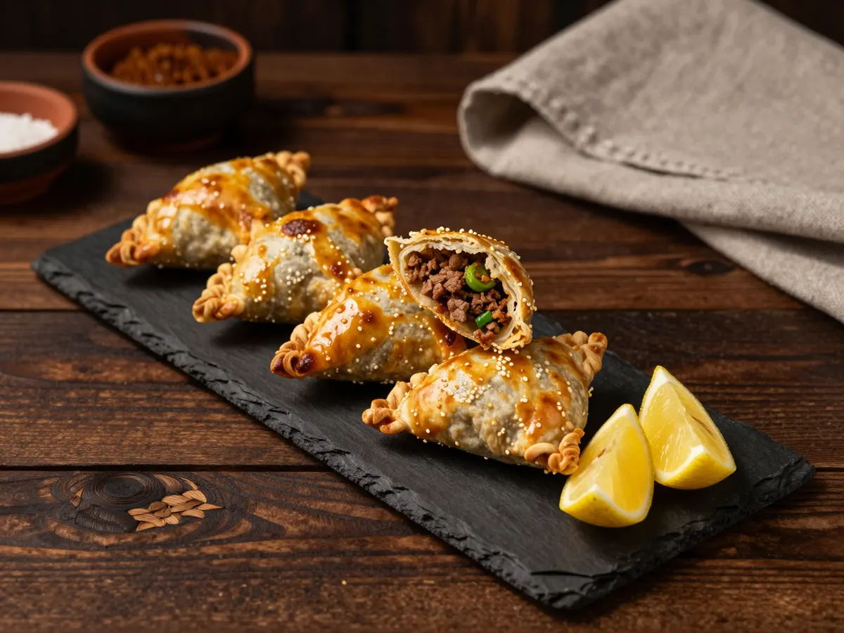 AI-generated photograph: Five golden blistered pastry triangles stacked in a loose leaning pile on a long narrow slate board, one broken open to show spiced brown beef and green chilli inside, two lemon wedges at one end, seen from a low side angle