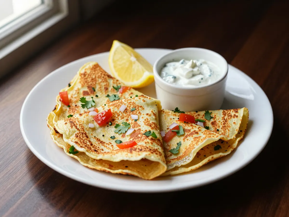 AI-generated photograph: Two thin golden gram flour pancakes folded on a warm white plate, flecked with red tomato, onion and green coriander, a lemon wedge and a small pot of raita beside them