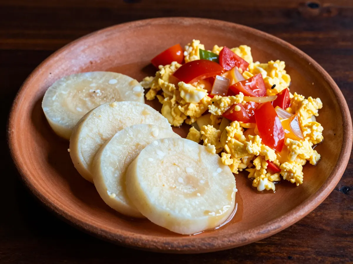 AI-generated photograph: Two neat stacked rounds of ivory boiled yam on a matte terracotta plate beside a soft mound of golden scrambled egg flecked with red tomato and pepper, a sprig of thyme on top