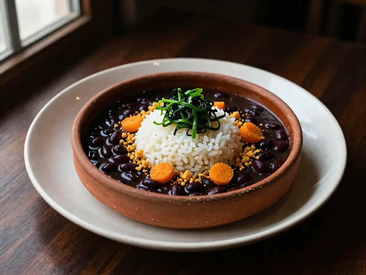 AI-generated photograph: A deep black bean stew in a rustic terracotta bowl with a neat mound of white rice, glossy dark green shredded greens, golden cassava crumbs and bright orange rounds on a speckled cream plate