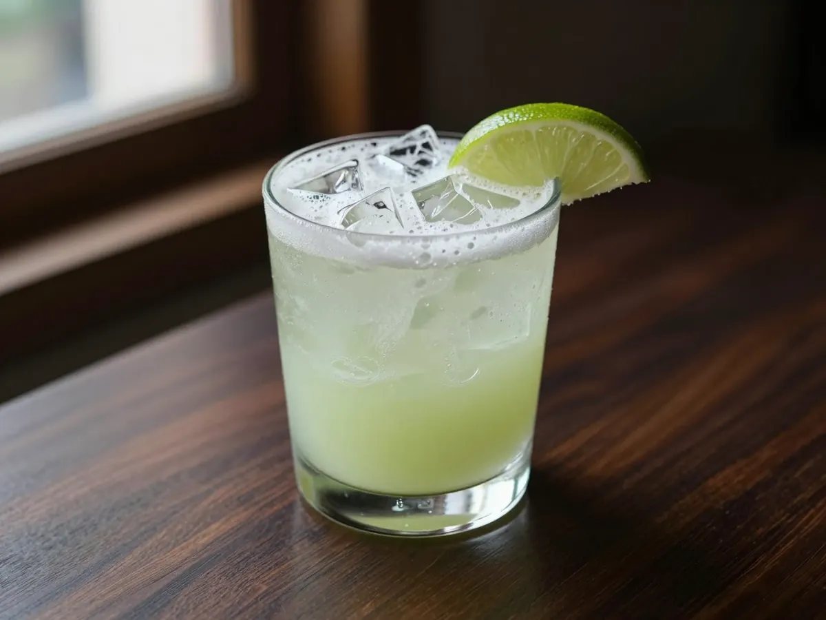 AI-generated photograph: A frosted tumbler of pale green limeade over crushed ice, a fine froth on top and a thin lime wedge on the rim