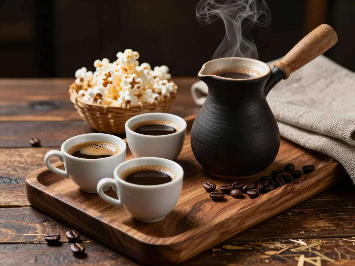 AI-generated photograph: Three small handleless white cups of dark coffee with a thin golden crema set on a low wooden tray beside a round black clay coffee pot with a long neck, a few roasted coffee beans scattered on the tray and a small bowl of popcorn behind, seen from a low side angle with a curl of steam