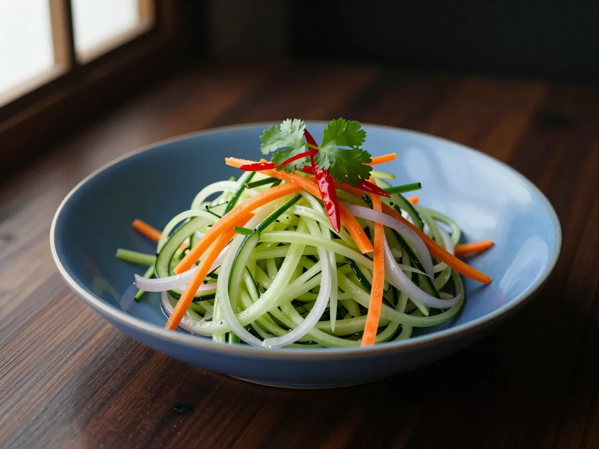 AI-generated photograph: A loose tangle of pale green cucumber, orange carrot ribbons and pink onion in a shallow blue glazed dish, bright coriander leaves and fine red chilli strips on top