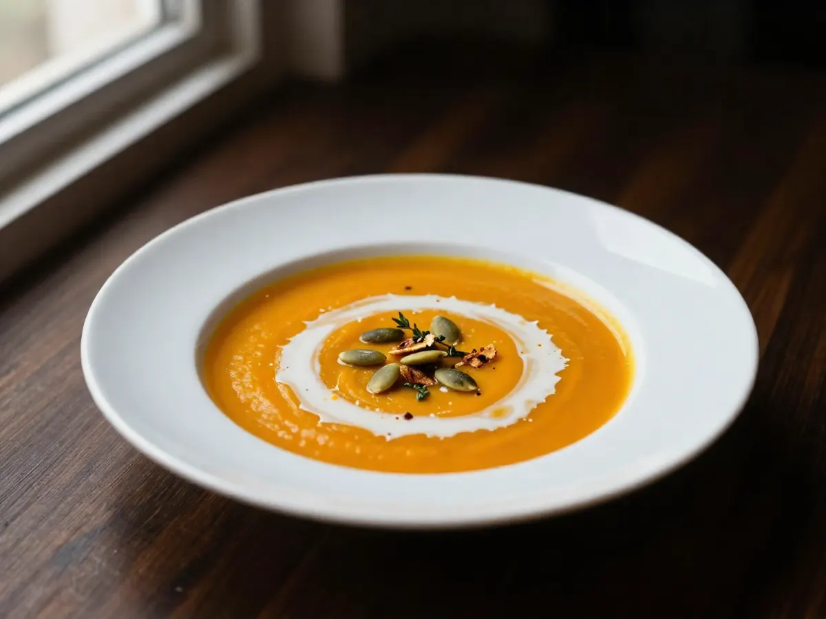 AI-generated photograph: A small shallow white bowl of smooth deep orange pumpkin soup, a pale swirl of coconut milk across the surface and toasted green pumpkin seeds and thyme leaves in the centre