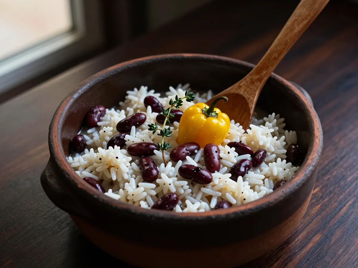 AI-generated photograph: A neat dome of rice and peas speckled with deep red kidney beans on a matte white plate, a sprig of fresh thyme and a fine scatter of sliced spring onion on top