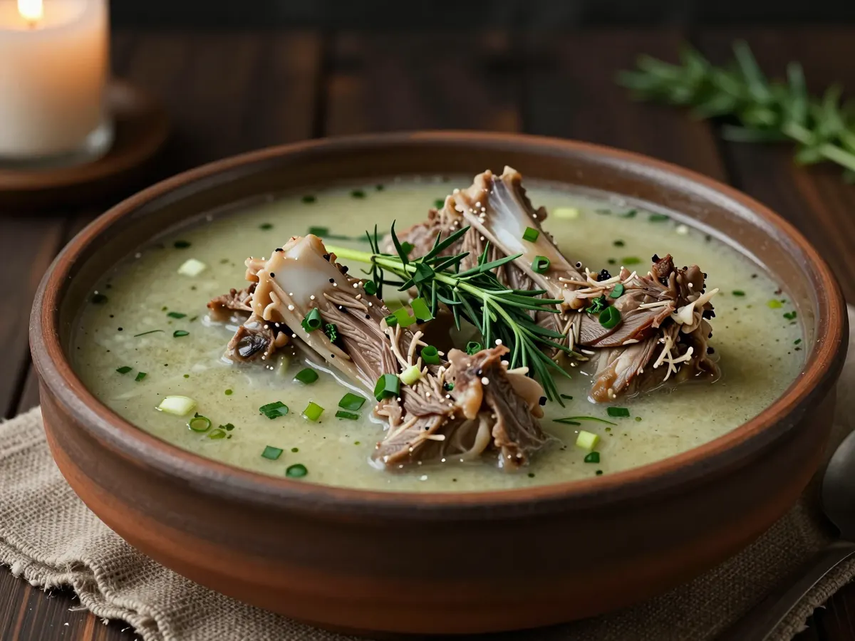 AI-generated photograph: Tender pieces of lamb in a thin pale green broth thick with wilted tarragon, spring onion and coriander, in a deep rustic brown clay bowl on a dark table, a sprig of fresh tarragon laid on top, seen from a low side angle