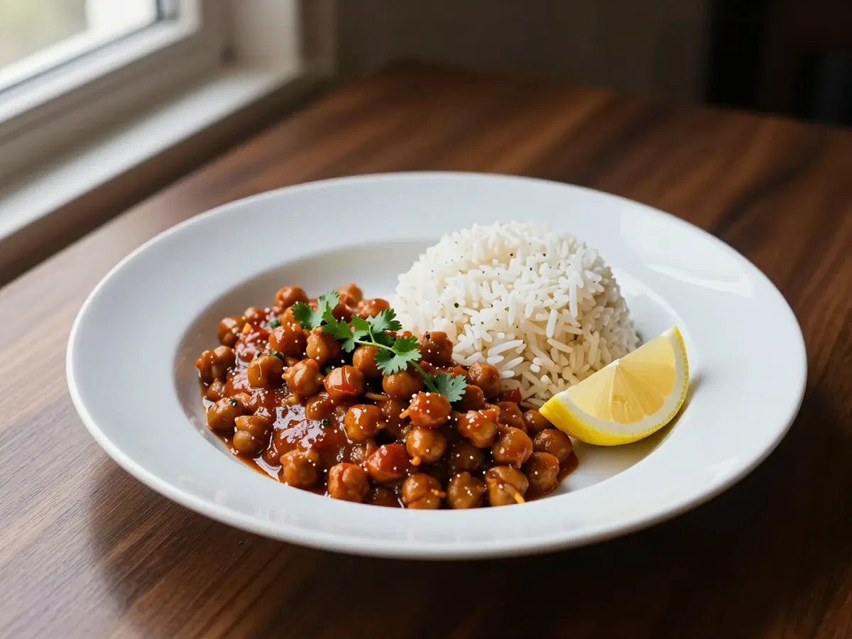AI-generated photograph: Chana masala in a shallow white bowl, glossy brick red chickpeas topped with fresh coriander, a neat dome of basmati rice and a wedge of lemon beside it