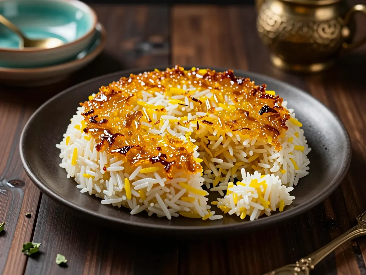AI-generated photograph: A round disc of crisp golden saffron tahdig turned out whole onto a round dark plate, glassy amber on top, with a small heap of fluffy white and saffron rice beside it