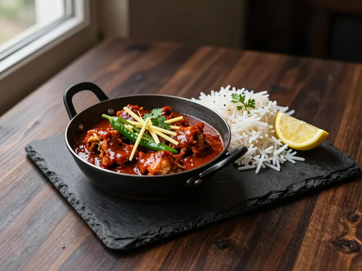 AI-generated photograph: Chicken karahi in a small black iron karahi pan, deep red glossy sauce, slit green chillies, fine threads of ginger and coriander on top, basmati rice and a lemon wedge on a slate beside it
