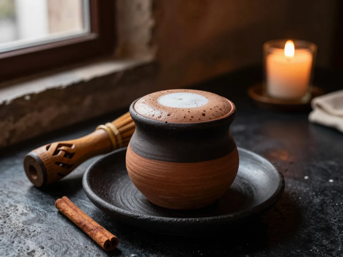 AI-generated photograph: A round earthenware cup of hot chocolate with a tall pale brown foam head, a carved wooden whisk and a cinnamon stick laid beside it