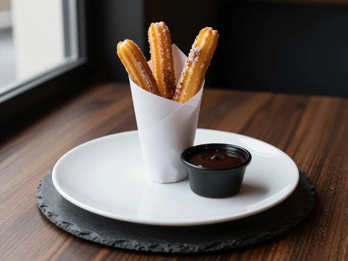 AI-generated photograph: Golden ridged churros dusted with cinnamon sugar leaning in a tall white paper cone beside a small black ramekin of glossy dark chocolate sauce on a slate board